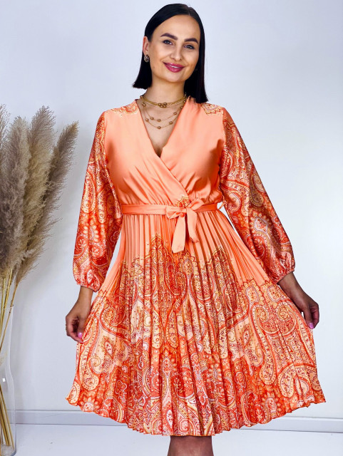 Dámské plisované vzorované společenské šaty s páskem - oranžové