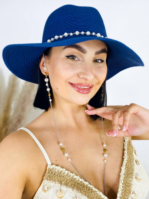 Dámský modrý slaměný klobouk s perlami